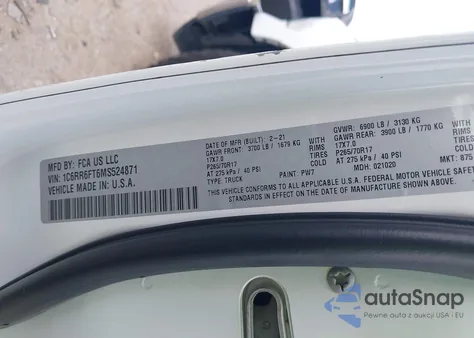 2021 Ram 1500 Classic Tradesman z USA, uszkodzony, nr VIN 1C6RR6FT6MS524871